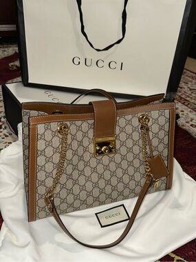 Gucci Tan & Beige GG Tote with Gold Hardware